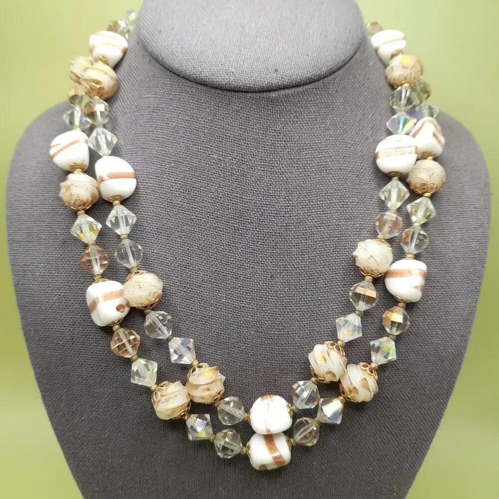 Vintage 1950s Art Glass Beaded Necklace with Aurora Borealis Crystals, 19 Inches